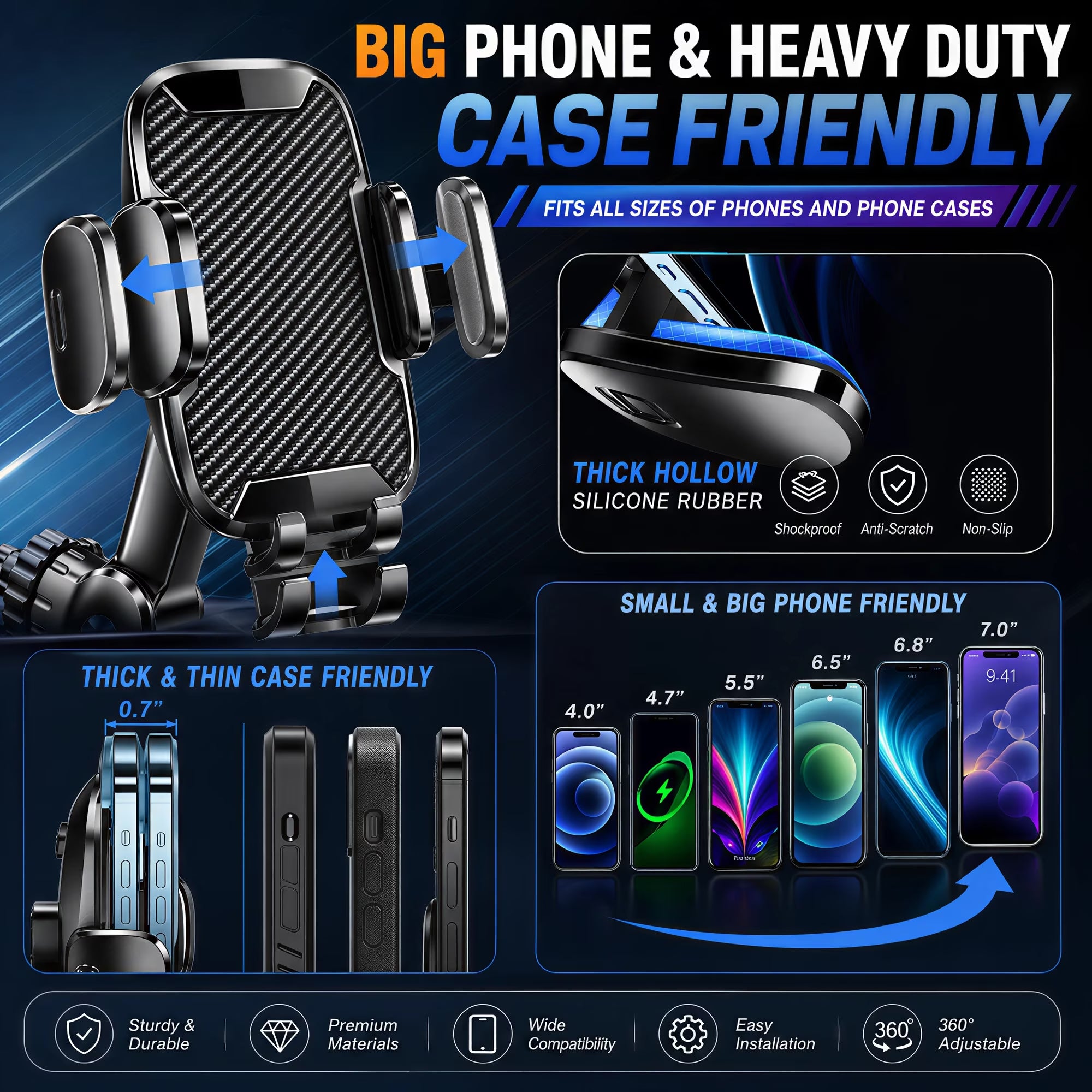 Universal Car Phone Holder with Adjustable Rotation for 4-7 Inch Phones, Dashboard, Windshield & Air Vent Mount