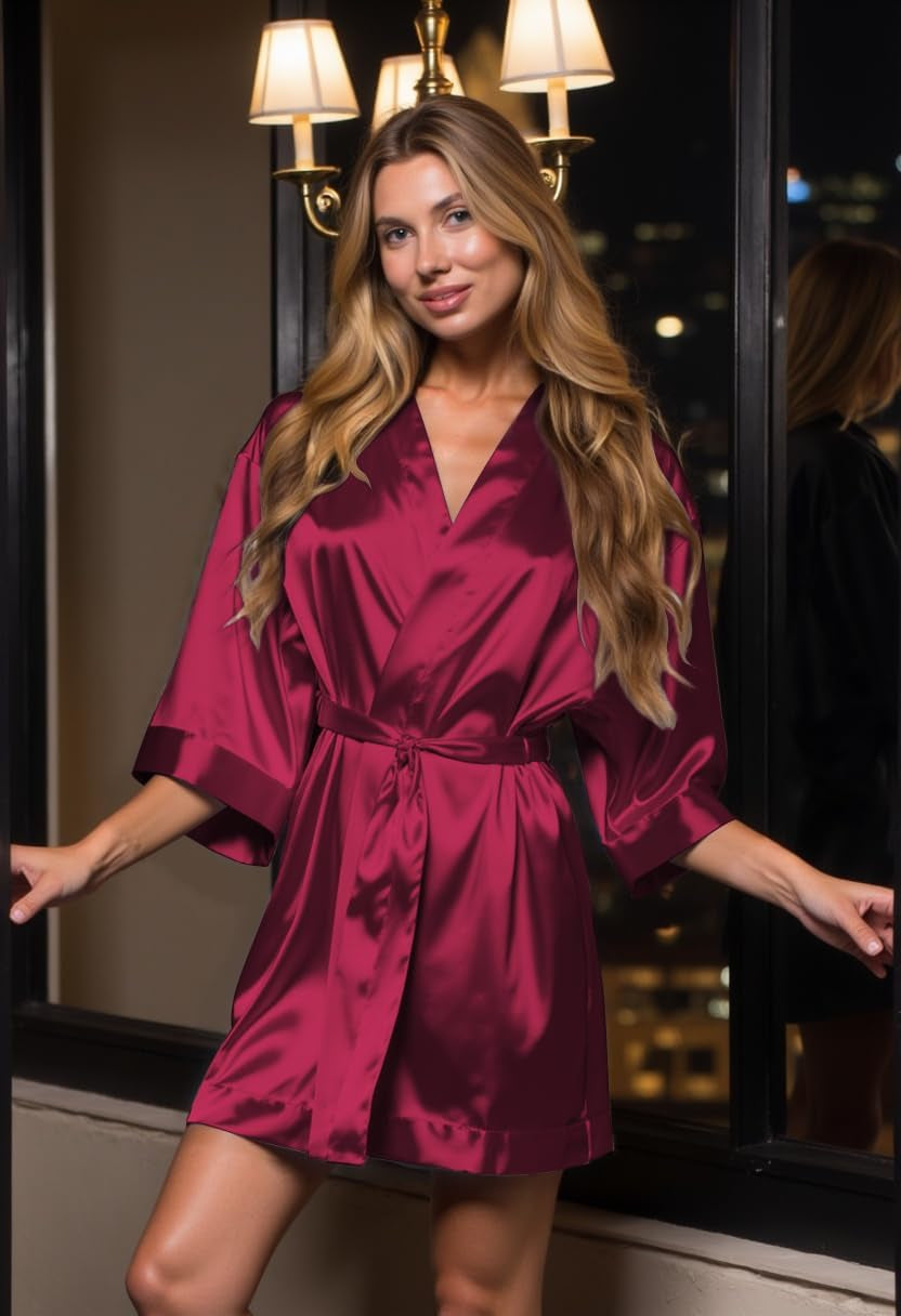Women'S Silky Satin Kimono Robes for Bridesmaids, Bride, Short Loungewear, Lingerie Dressing Gown Silk like VS Robe