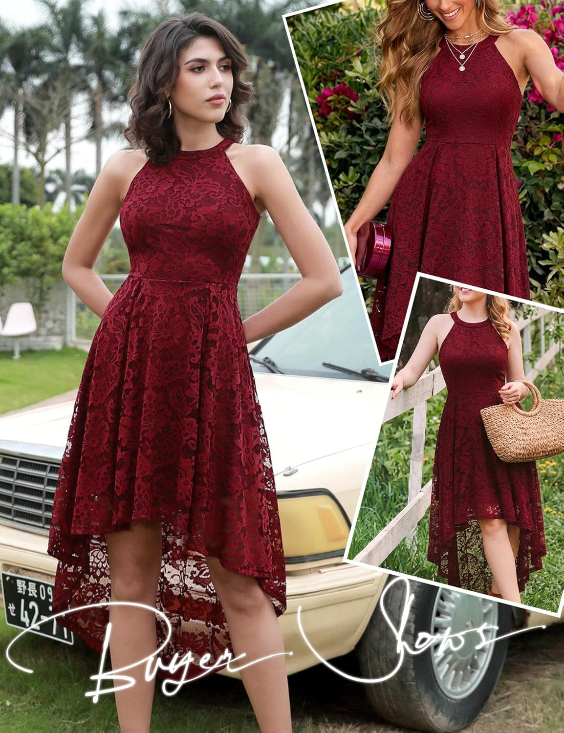 Women Halter Lace Hi Lo Wedding Guest Cocktail Formal Dress | Bridesmaid Wedding Dresses,Sleeveless,Halter Top Neckline,High Low Hem,Elegant a Line Design,Soft Floral Lace Party Dress