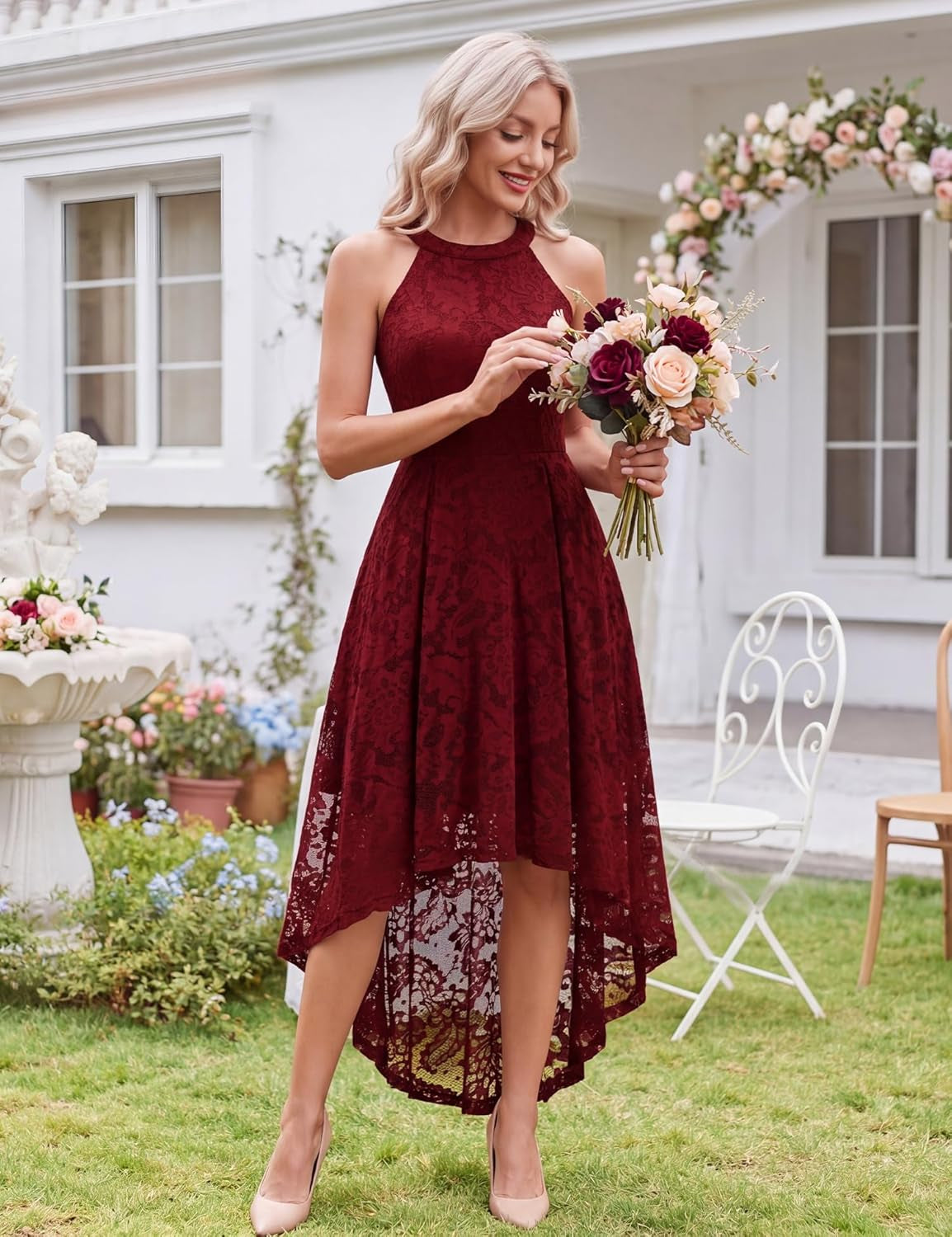 Women Halter Lace Hi Lo Wedding Guest Cocktail Formal Dress | Bridesmaid Wedding Dresses,Sleeveless,Halter Top Neckline,High Low Hem,Elegant a Line Design,Soft Floral Lace Party Dress