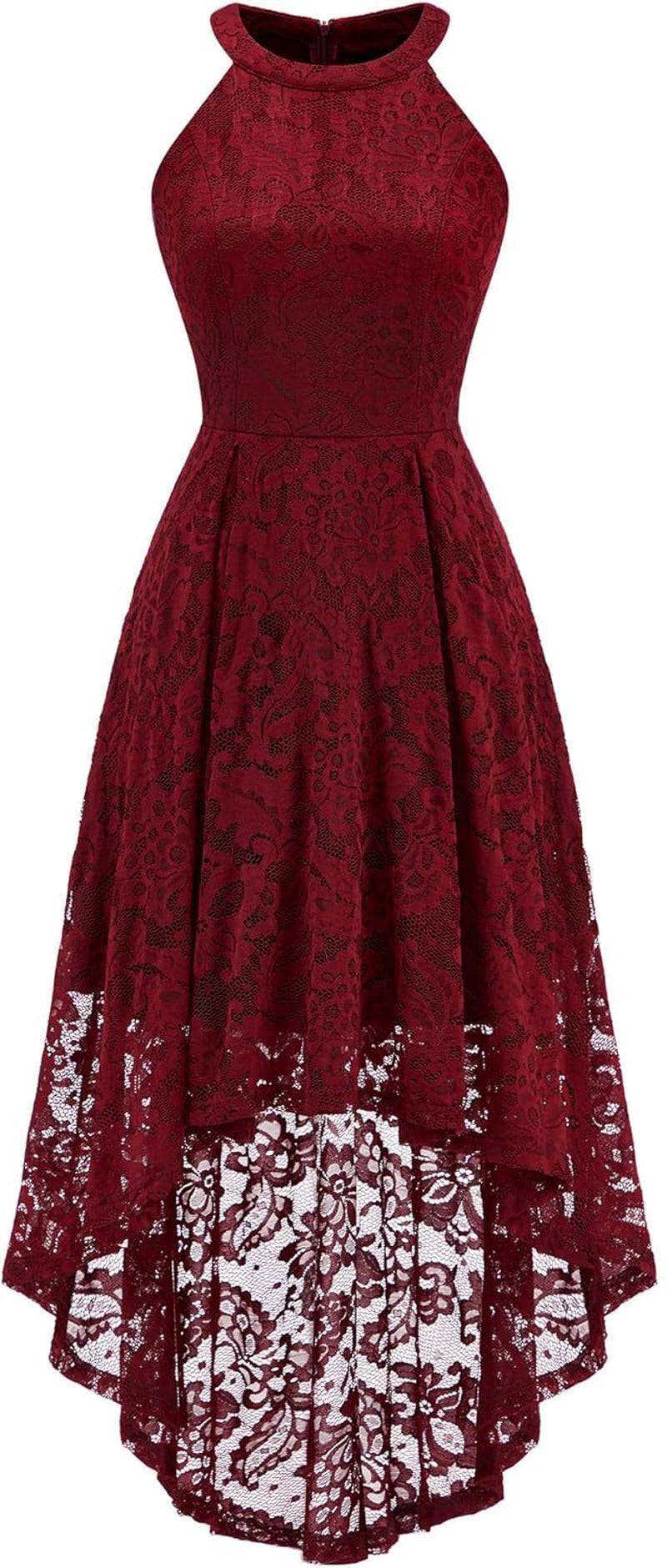 Women Halter Lace Hi Lo Wedding Guest Cocktail Formal Dress | Bridesmaid Wedding Dresses,Sleeveless,Halter Top Neckline,High Low Hem,Elegant a Line Design,Soft Floral Lace Party Dress